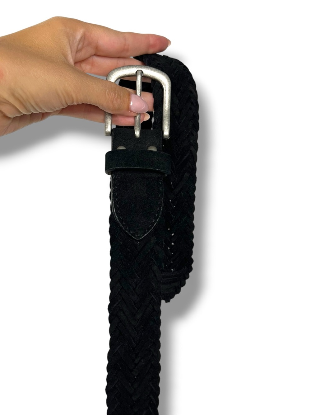 Abercrombie and Fitch Men's Braided Leather Suede Black Belt Brushed Silver Buck